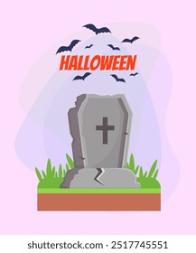 Grave pedra com cruz para design de banner de Halloween. Lettering com morcegos voadores sobre fundo abstrato. Conceito de feriado, celebração, morte. Ilustração vetorial para cartaz