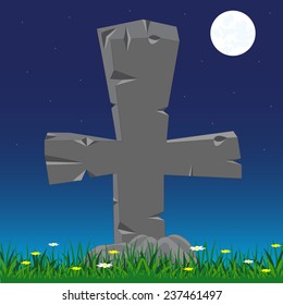 Grave with stone cross moon in the night