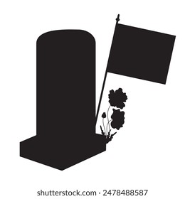 Grave stone headstone with flag and flowers. Black silhouette hand drawing. Memorial Day. Veterans Military Cemetery. Vector illustration