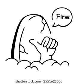 Grave with thumbs up and fine text, doodle icon 

