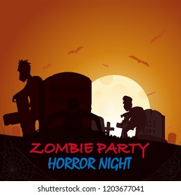Grave, tomb zombie flying box silhouette. Colored poster in a dark style for Halloween party