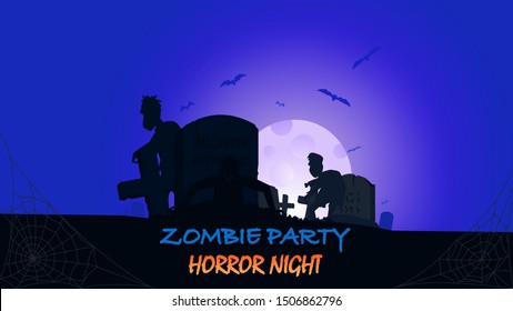 Grave, tomb zombie flying box silhouette. Colored poster in a dark blue style for Halloween party