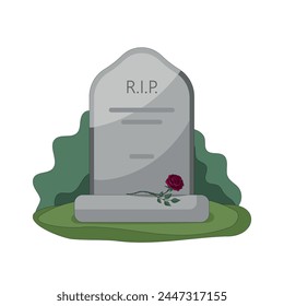 A grave with a tombstone. A tombstone against a background of green bushes. There is a flower on the grave. Funerals and commemorations of the deceased. Vector illustration.