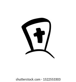 Grave tombstone with christian cross doodle icon, hand drawn illustration for RIP, rest in peace illustration, funeral service, last farewell card, cemetery, resting place. Isolated on white