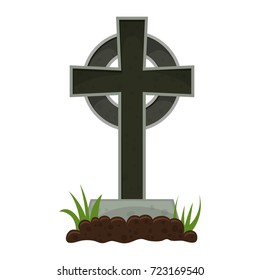 Grave with a tombstone, colorful scary Halloween illustration. Vector