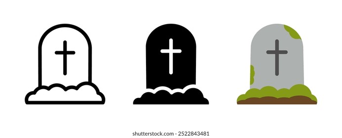 Grave tombstone with cross icon. Gravestone memorial illustration. Cemetery symbol. Dead pictogram. Halloween tomb sign. Burial headstone monument icon. Death concept. Spooky coffin crypt isolated.