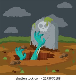 Grave and tombstone. Element of Halloween. Green hand and arm of dead zombie. Bones and rotting corpse. Scary illustration. Skull and moss on stone. Flat cartoon. Hole in ground.