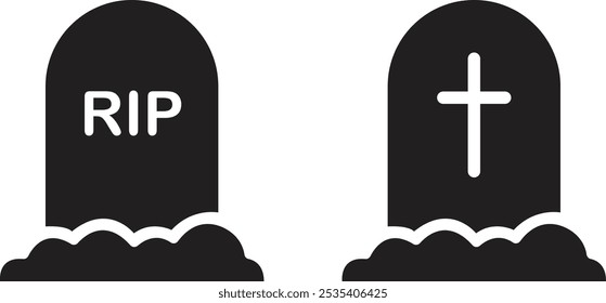 Grab Grabstein flach Symbole Set. Grabstein-Gedenkgrafik. Friedhofssymbole. Totes Piktogramm. Halloween Grabschilder. Grabstein-Denkmal. Todeskonzepte einzeln auf transparentem Hintergrund.