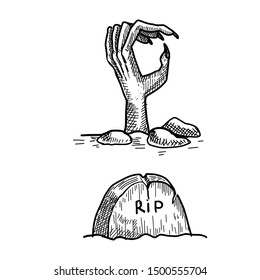 Grave with tombstone, with hand zombie holiday halloween.