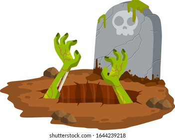 Grave and tombstone. Hole in ground. Green hands of dead zombie. Element of Halloween. Bones and rotting corpse.  Scary illustration. Skull and moss on stone. Flat cartoon