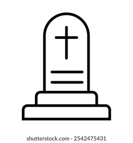 Grave tombstone icon with cross and line for name. Ancient headstone flat and line icon. Editable stroke. Vector illustration