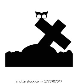 Grave or Tombstone isolated on white background, Halloween theme silhouette black and white flat design