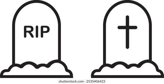 Grab Grabstein lineare Icons Set. Grabstein-Gedenkgrafik. Friedhofssymbole. Totes Piktogramm. Halloween Grabschilder. Grabstein-Denkmal. Todeskonzept einzeln auf transparentem Hintergrund.