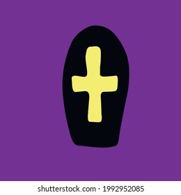 Grave, tombstone, tomb with a cross in flat style. Vector black silhouette, icon, clipart isolated on dark purple background. Theme of Halloween, death, dead, funeral