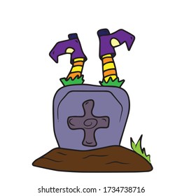 Grave with a tombstone from which the witch's feet stick out Vector design for a banner, poster, greeting card, party invitation.