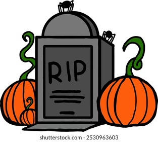 Grave Tombstones Decorated with Halloween Pumpkins