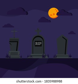 Grave tombstones on graveyard scenic background. Different old tomb gravestone with crack: cemetery dark night scene with moon and clouds. Vector flat design cartoon style scenery illustration. 