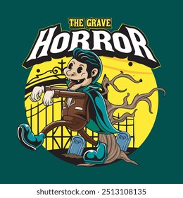 The Grave Vampire Horror no cemitério para distintivo, etiqueta adesiva, banner, patch, cartão de saudação, t-shirt e convite Vetor retro ilustração cartoon