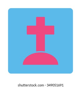 Grave vector icon. Style is flat rounded square button, pink and blue colors, white background.