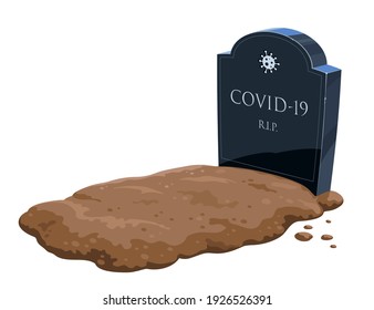 Grave of a victim of coronavirus. Black headstone with inscription: 'COVID-19. R.I.P.' Symbol of tragic death due to new virus infection. Fresh grave with a dirt after funeral. Isolated vector drawing svg