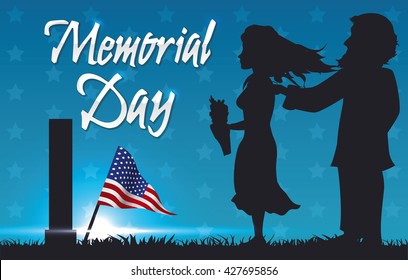 Grave view and people paying tribute to American fallen heroes for Memorial Day holiday.