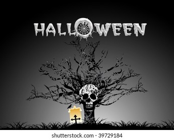 grave yard background with isolated tree, skull and grave