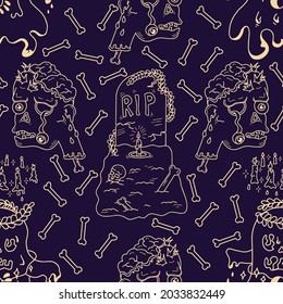 Grave, zombie and ghost seamless pattern. Vector illustration of an undead outline for halloween, background, wallpaper, wrapper, banner, poster.