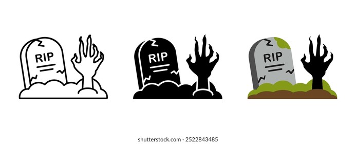 Grab mit Zombie-Handsymbol. Zombie krabbelt aus der Grab-Vektorgrafik. Halloween Horror Symbol. Unheimlich Friedhof und Monsterarm. Gruseliges Grab mit untotem Handsymbol. Toter Mann auf dem Friedhof