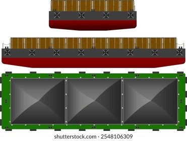 Barcaza de grava. Perfil superior, frontal y lateral de una barcaza que transporta carga de grava. Típico de los que se encuentran en el río Misisipi. Ilustración vectorial aislada.