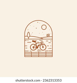 Schottenfahrrad auf Kies-Straßen Naturlogo. Lineare Icon-Illustration mit Bikepack