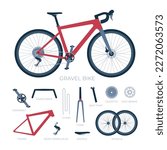 Gravel bike with a set of named parts. Road, cyclocross bicycle with elements collection. Vector realistic isolated illustration in flat style
