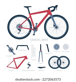 Gravel bike with a set of named parts. Road, cyclocross bicycle with elements collection. Vector realistic isolated illustration in flat style
