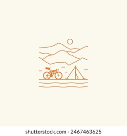 Gravel bike and tent in mountain nature logo. Bike packing poster, icon, print design. Adventure bicycle camping illustration