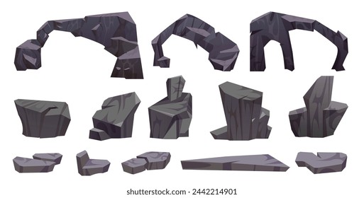 Gravel boulder and rock icon with texture. Stone mountain block and granite element isolated design for game environment construction. Geology arch formation drawing made of rough cracked material