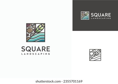 Gravel Leaf Water Arrangement for Landscaping Design. Plant Leaves Stones and Creek River Landscape for Nature Forest Environment Logo Design