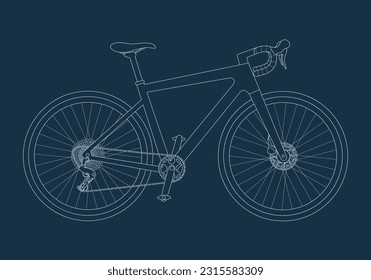 Gravel, road, cyclocross, endurance bicycle in line sketch on dark background. Simple vector isolated illustration in outline style