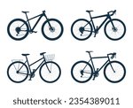 Gravel, road, mountain, city bikes in black silhouette. Set of different eco-friendly vehicles. Bicycle collection. Isolated vector illustration