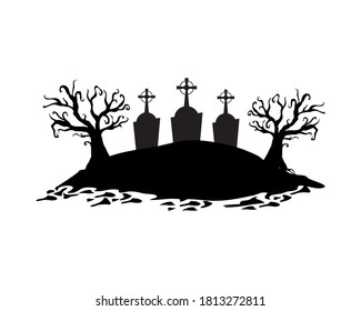 graves with crosses in dry forest cemetery scene , death tomb cementary and scary theme Vector illustration