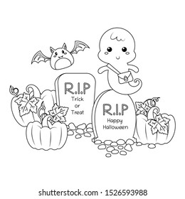 Graves and cute little ghost with vampire bat and pumpkins vector illustration. Graveyard pumpkings and a ghost vector cartoon colorless for coloring book. 