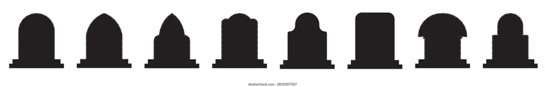 Graves design,Graves silhouette, Vector isolated graves, Spooky gravestone cemetery silhouette. Set of gravestone silhouettes isolated on white background. Vector illustration