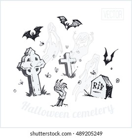The graves  ghosts  bats   dead man's hand in cemetery  Illustration  sketch drawn by hand and ink  Isolated vector  Vintage  design for Halloween