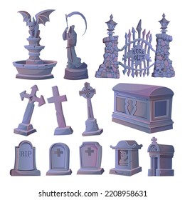 graves and other cartoon vector sets of tombstones and monuments. Cemetery crosses and grave stone monuments with RIP or rest in peace signs and memorials