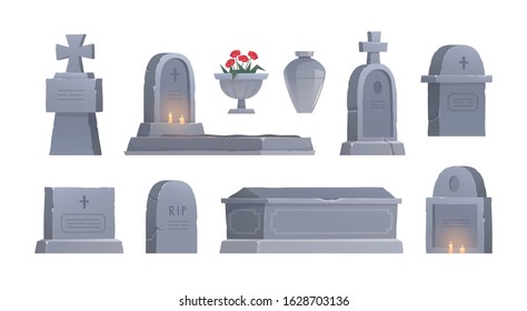 Graves set. Cemetery elements. Graveyard tombstone. Funerary urn. Urn for ashes. Vector isolated illustration 