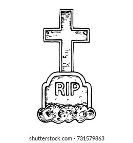 Graves with a tombstone and cross, scary Halloween sketch illustration. Vector