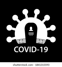 Gravestone against the background of the coronavirus. Death during the covid-19 pandemic. Black and white silhouette of a cemetery and a virus. Vector illustration.