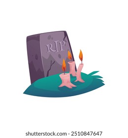 Gravestone burial, grass lawn with burning candles. Cartoon tombstone on grave with text RIP. Cemetery, Halloween, funeral concept. Vector flat illustration isolated on white