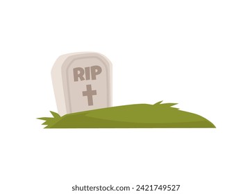 Gravestone burial with grass lawn. Cartoon tombstone on grave with text RIP and cross. Cemetery, Halloween, funeral concept. Vector illustration isolated on white