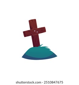 Entierro de lápida con césped. Cruz de madera cristiana de la historieta en la tumba. Cementerio, Halloween, concepto de funeral. Ilustración plana de Vector aislada en blanco. Símbolo religioso católico en la tumba