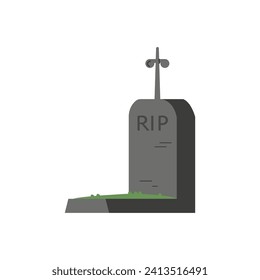 Gravestone burial with grass lawn. Gray tombstone on grave with text RIP. Cemetery or tomb, stone cross on white background. Halloween, funeral concept. Vector illustration isolated on white