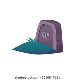 Entierro de lápida con césped. Lápida gris en la tumba, QEPD. Cementerio o tumba sobre fondo blanco. Halloween, concepto funerario. Ilustración vectorial aislada en blanco